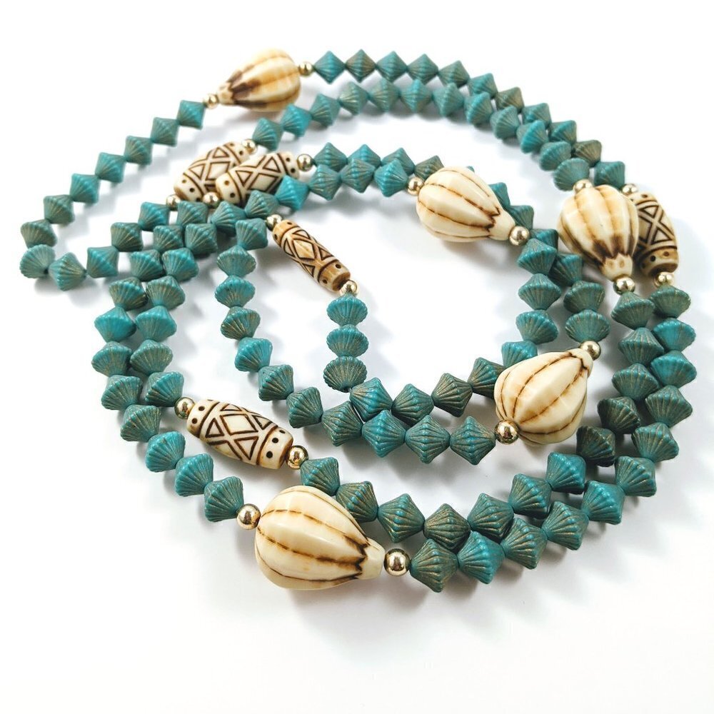 Long Teal & Cream Plastic Beaded Flapper Style Opera Necklace